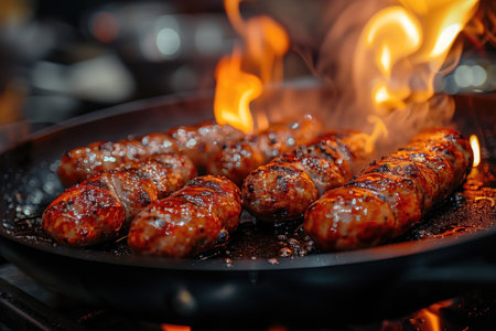 grilled sausages with herbs and spices in a frying pan with flamesの素材