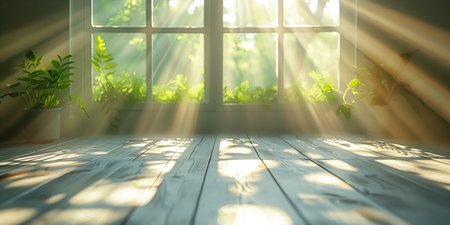 sun shines into the room through the glass doors from a green garden with plantsの素材