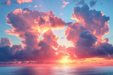 dramatic sunset sky with glowing clouds over the seaの素材