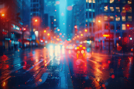 blurred urban background, city at rainy night, road and the traffic lightsの素材