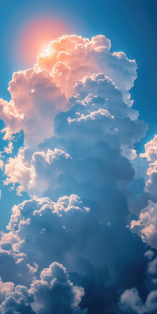 vertical sunset sky background with clouds and sunbeams, nature compositionの素材