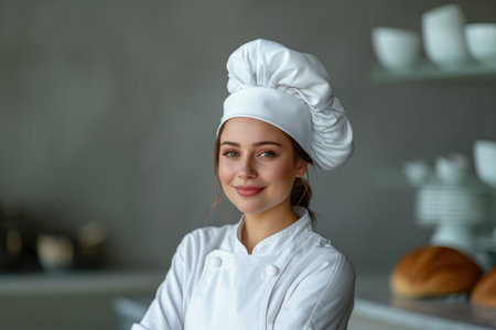 Portrait of young female chef in uniform and hat on kitchen backgroundの素材
