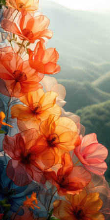 Beautiful flowers on the background of the mountains. Abstract vertical floral background.の素材