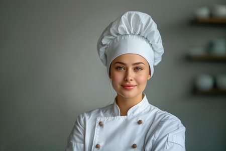 portrait of a beautiful female chef in a white uniform on a gray backgroundの素材