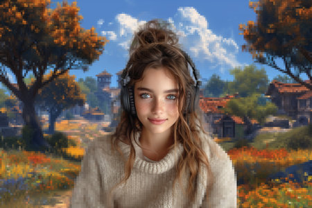 young woman on pixelated digital colorful background, immersion in gaming virtual realityの素材
