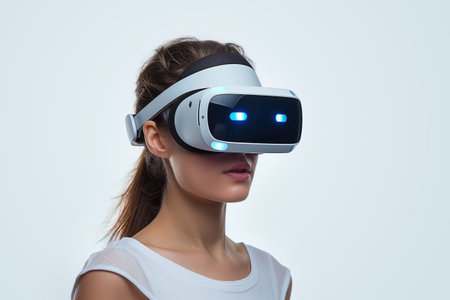 young woman wearing virtual reality headset on white backgroundの素材