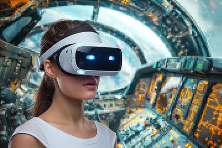 young woman immersed in gaming virtuality using virtual reality headsetの素材