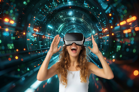 young woman with virtual reality headset or 3d glasses immersed in virtuality over futuristic backgroundの素材