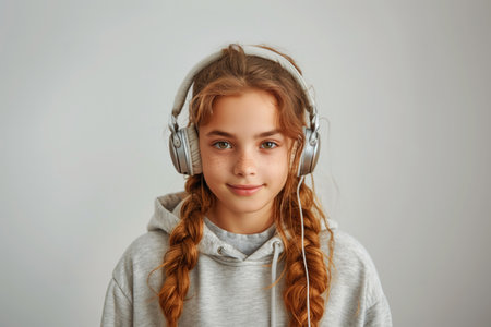 Portrait of a cute little girl with headphones listening to music.の素材
