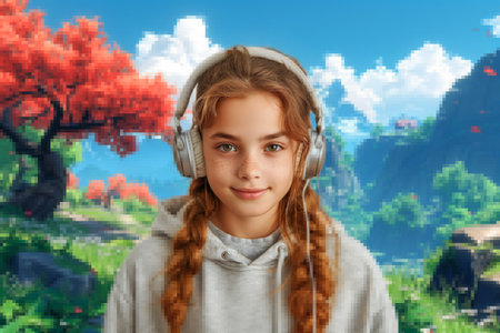 girl resolves in a pixelated gaming digital realityの素材