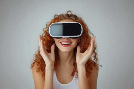 young woman with virtual reality headset or 3d glasses immersed in virtuality over futuristic backgroundの素材