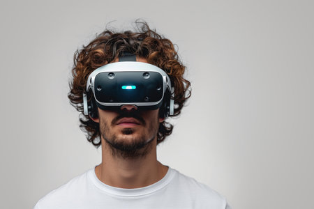 young man wearing virtual reality headset on gray backgroundの素材