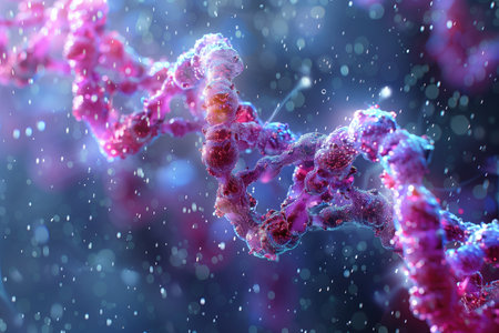 volumetric color illustration of a DNA molecule in liquid, background on the theme of genetics, microbiology, biochemistryの素材