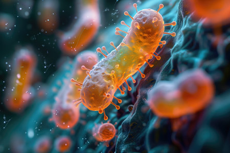 volumetric color illustration of an bacteria, background on the theme of microbiology, medicineの素材