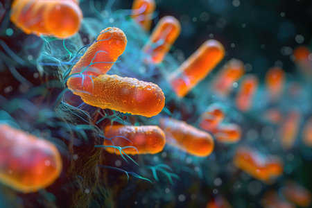 volumetric color illustration of an bacteria on the substrate, background on the theme of microbiology, medicineの素材