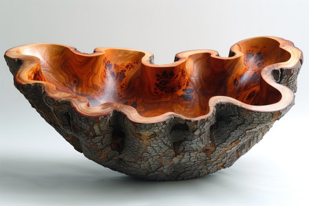 wooden bowl made of natural burl wood on a white backgroundの素材