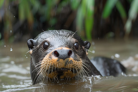 giant river otter (Pteronura brasiliensis) swimming in the waterの素材