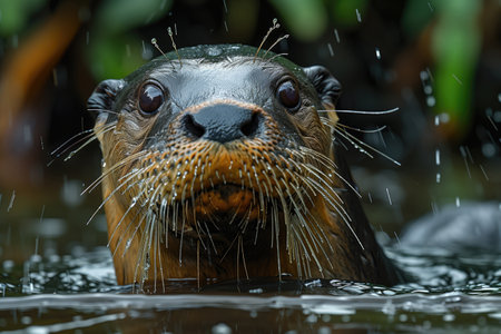 giant river otter (Pteronura brasiliensis) swimming in the waterの素材