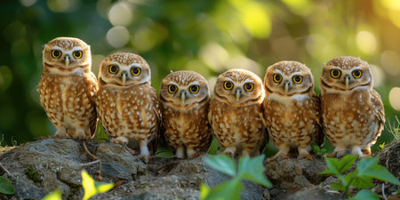 group of Burrowing owls (Athene cunicularia) in natureの素材