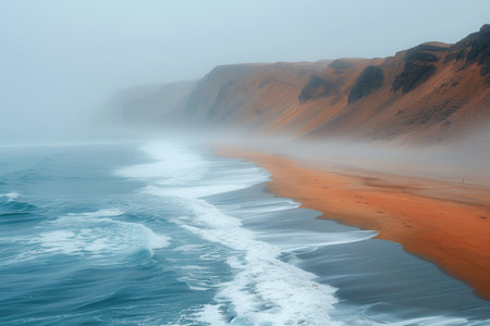 aerial view of a deserted deserted ocean shore in thick fogの素材
