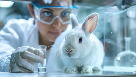 Young female scientist working with rabbit in laboratory. Biotechnology, biochemistry, genetics and medicine conceptの素材