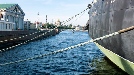 Saint Petersburg, Russia - June 04, 2024: museum ship Icebreaker Krasin and Lieutenant Schmidt...