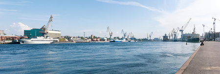 Saint Petersburg, Russia - June 04, 2024: panoramic view to Neva River, Lieutenant Schmidt...