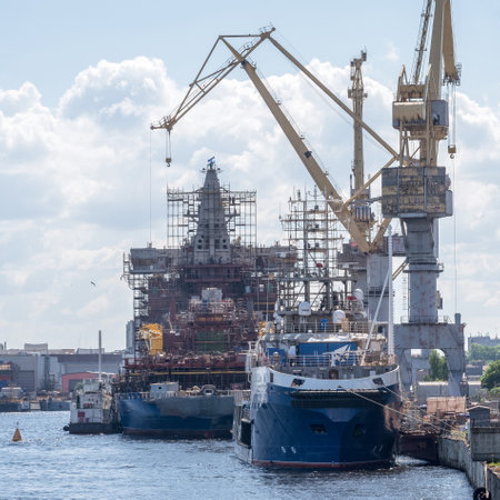 Saint Petersburg, Russia - June 05, 2024: repair of ships at the Admiralty shipyardsのeditorial素材