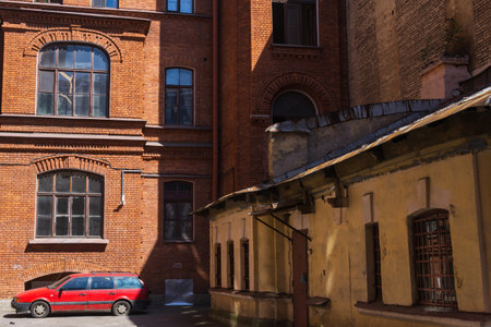 old residential buildings in the historical center of the city, view from the courtyardsの写真素材
