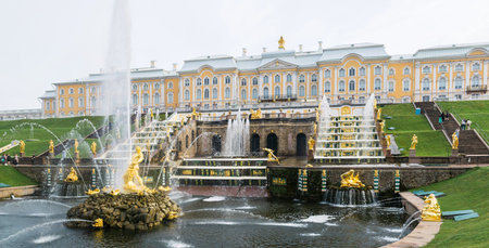 Saint Petersburg, Russia - June 06, 2024: panoramic view of Big Cascade and Peterhof Palaceのeditorial素材