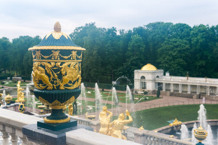Saint Petersburg, Russia - June 06, 2024: decorative vintage vases on the balustrade above the fountains in the Grand Cascade in Peterhofのeditorial素材