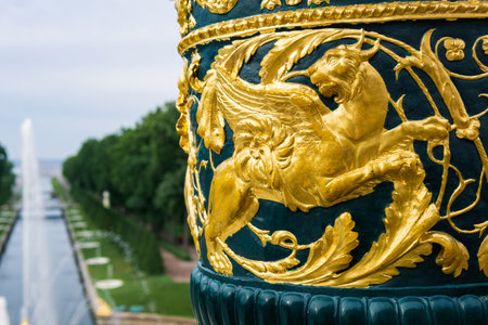 Saint Petersburg, Russia - June 06, 2024: decorative vintage vase on the balustrade above the fountains in the Grand Cascade in Peterhofのeditorial素材