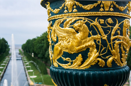 Saint Petersburg, Russia - June 06, 2024: decorative vintage vase on the balustrade above the fountains in the Grand Cascade in Peterhofのeditorial素材