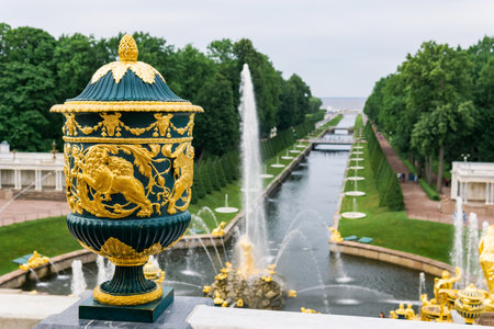 Saint Petersburg, Russia - June 06, 2024: decorative vintage vase on the balustrade above the fountains in the Grand Cascade in Peterhofのeditorial素材