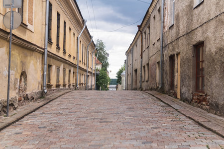 vintage cityscape, old street with ancient buildingsの写真素材