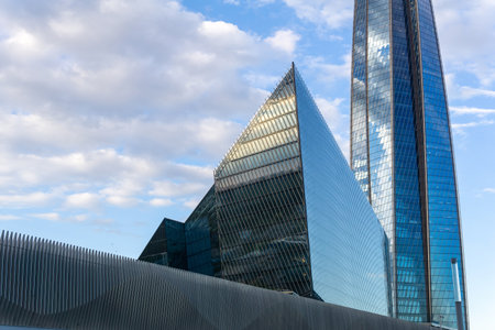 modern architecture, facade elements of contemporary building against evening skyの写真素材