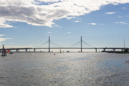 Saint-Petersburg, Russia - June 12, 2024: panoramic view of the cable-stayed bridge across the Neva...