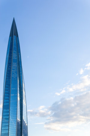 Saint-Petersburg, Russia - June 11, 2024: the top of the Lakhta Center skyscraper against the...