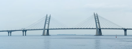 distant bridge over foggy bay on rainy day