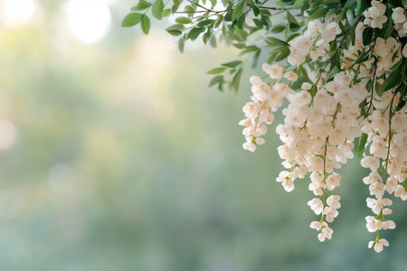 White jasmine flowers on blurred background with bokeh, wedding backdrop with copy spaceの素材