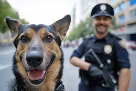 funny police dog with policeman in the background on city streetの素材