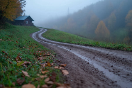 Autumn landscape with dirt road and old wooden house in the fogの素材