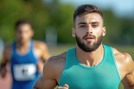 Portrait of male athlete male athlete runs at a stadium during a competitionの素材