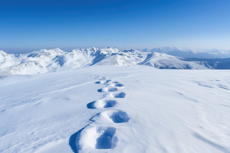 Footprints in the snow on the top of the mountain. Winter landscape.の素材