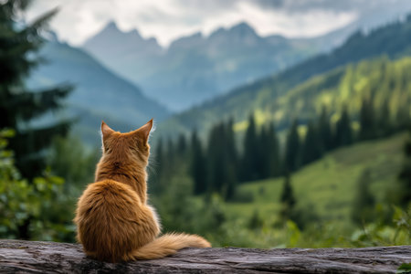 Red cat sitting on a log in the mountains. Beautiful view of the mountains.の素材