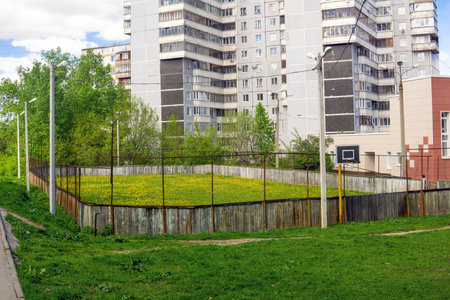 summer city landscape with outdoor rink, overgrown with grass and flowers out of seasonの写真素材