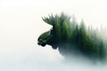 Elk and forest, double exposure shot on white background, environmental protection conceptの素材