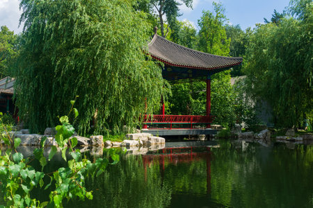 pond in Chinese garden, oriental pavilion in the backgroundの写真素材