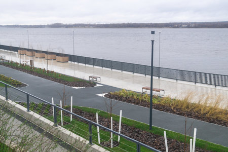 landscaping on the embankment on cloudy day