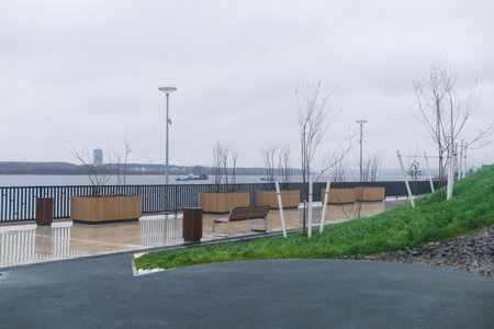 View of the city embankment on a rainy day